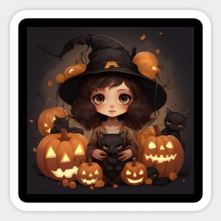 Halloween little girl with black cat Sticker